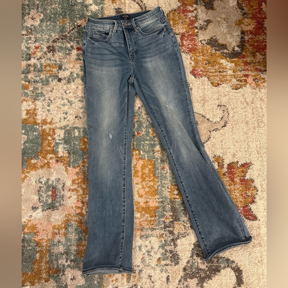 NYDJ distressed, light wash, slim bootcut jeans